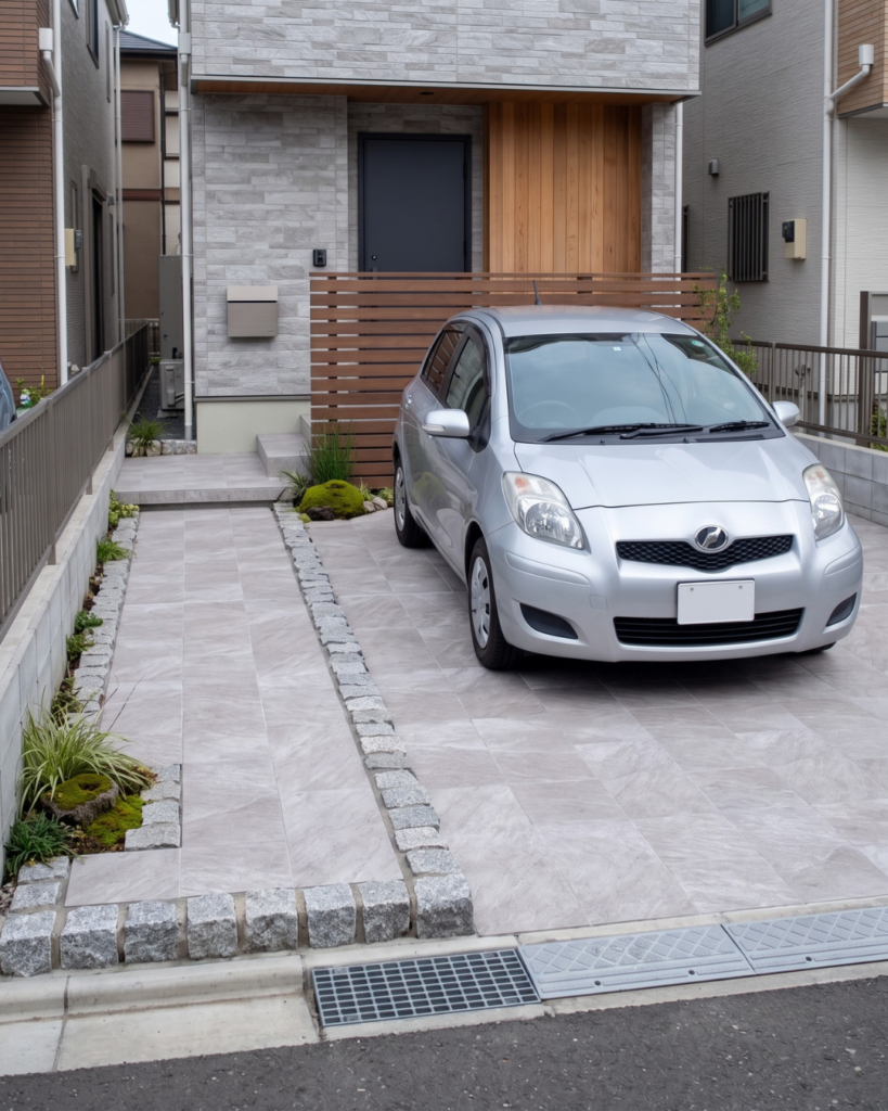 駐車場タイルを貼った玄関
