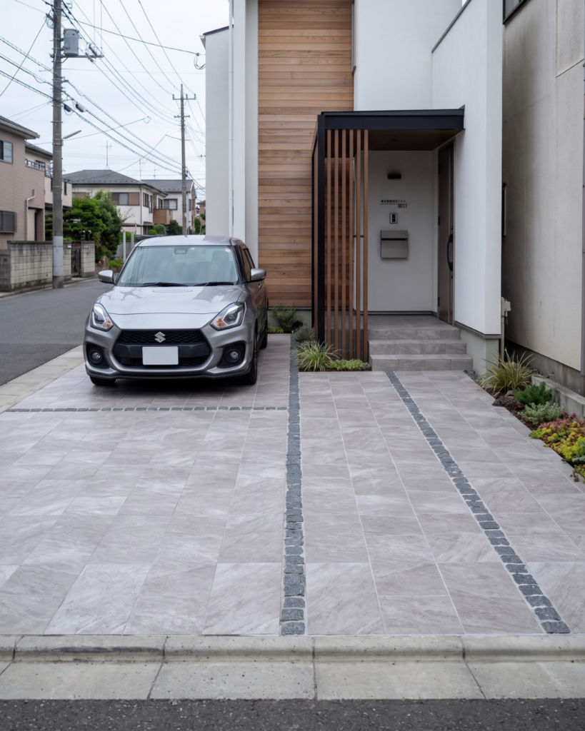 駐車場用タイルを貼った玄関
