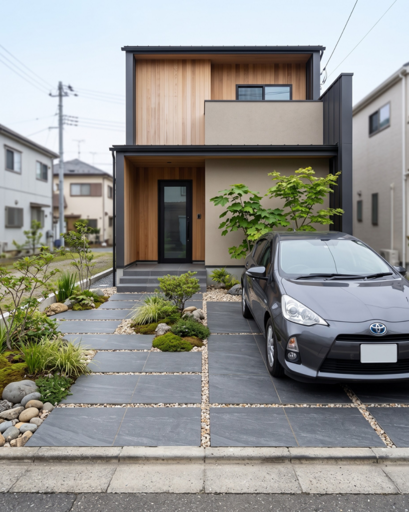 砂利とタイルを組み合わせたデザインの駐車場
