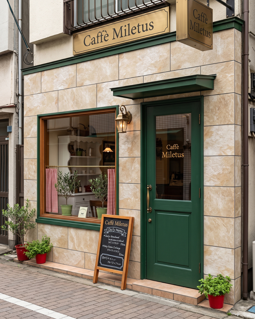 ナチュラルなベージュのタイルを使った店舗のファサード