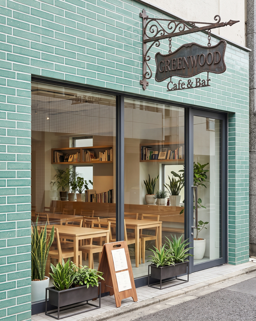 ナチュラルなグリーンのカフェ店舗ファサード
