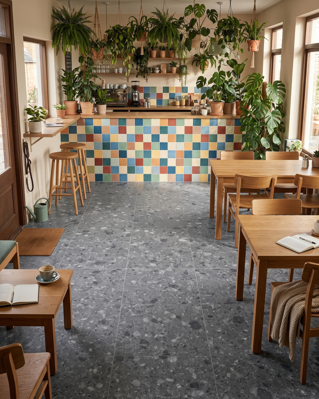 滑りにくい加工のグリップタイプのテラゾータイルを使ったカフェ店舗