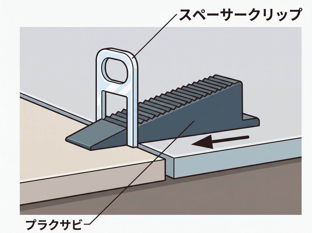 内装床タイル施工でスペーサークリップを使用した場合