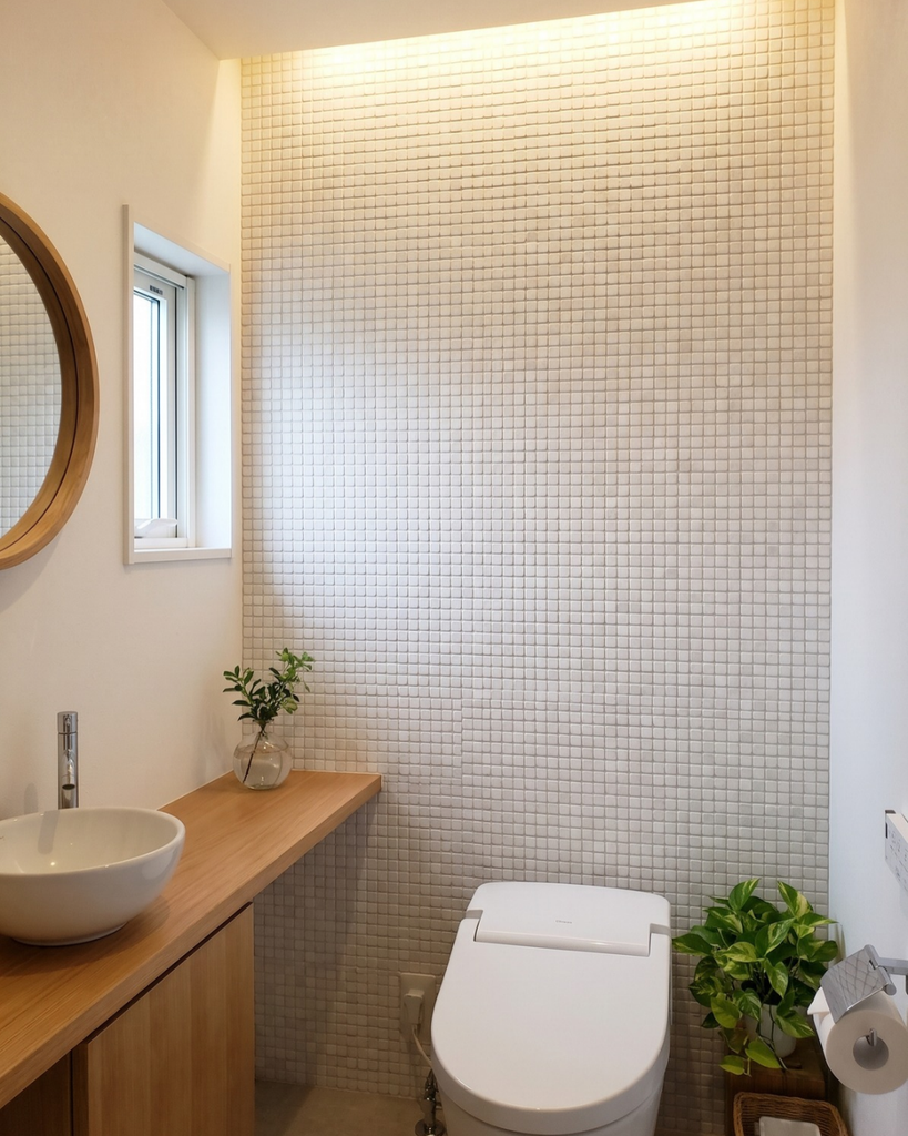 白い石のモザイクを貼ったトイレ内装