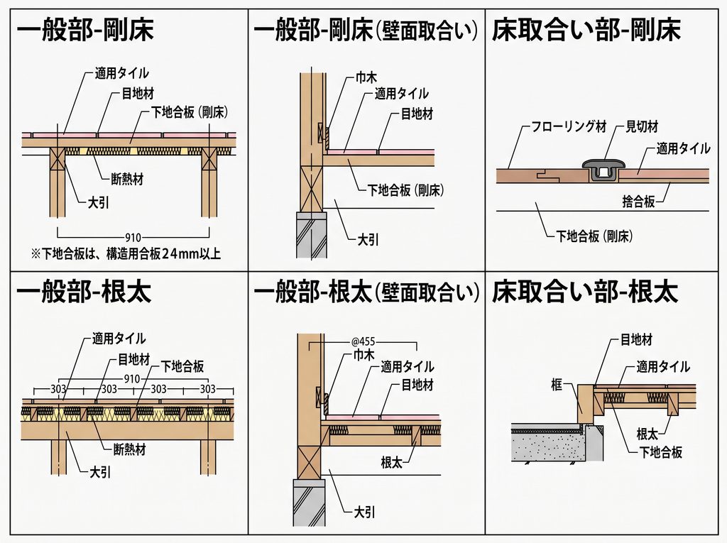 内装床タイルの施工方法収まり図